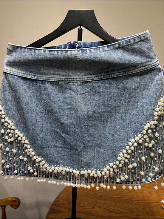 Denium styles Dresses & Skirts - Pearl-Fringe Blue Denim Mini Skirt